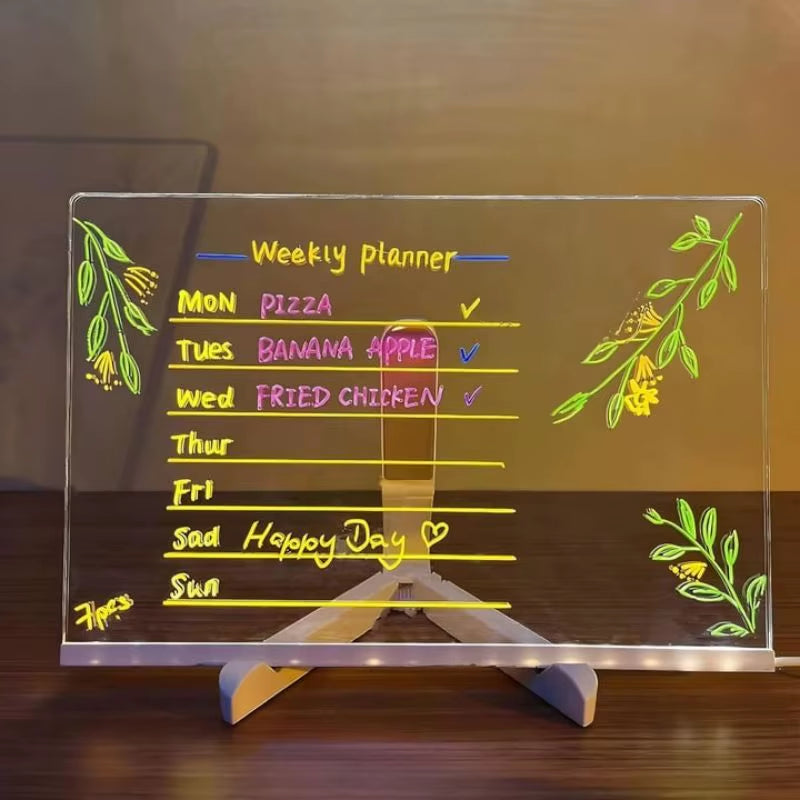 Led Note Board with Colors Led Letter Message Board Note Glass with 7 Colorful Pens Erasable Neon Sign Clear Glass Writing Board